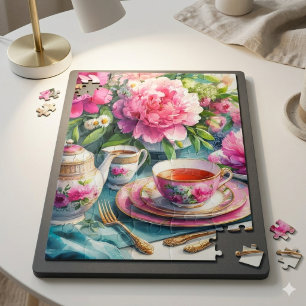 Vintage Tea Party Pink Peonies Quebra-cabeça