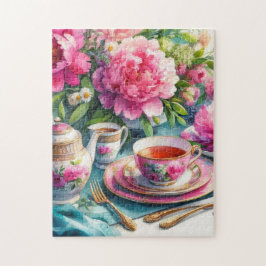 Vintage Tea Party Pink Peonies Quebra-cabeça