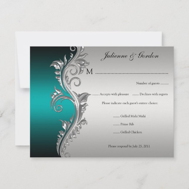 Vintage Teal Black e Silver Floral RSVP (Frente)