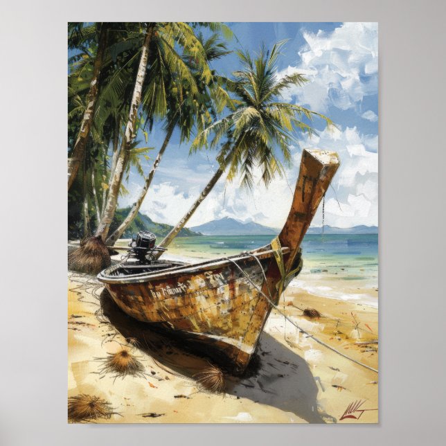 Vintage Thai Longtail Boat Atingido em Sand Poster (Frente)