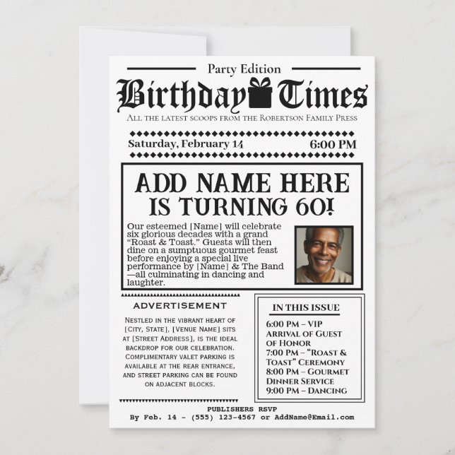 Vintage "The Birthday Times" Convite para Jornais (Frente)