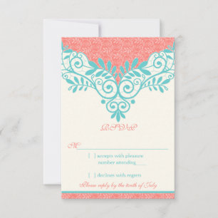 Vintage Turquoise Coral Lace Casamento RSVP Respos