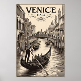 Vintage Veneice Itália Poster de viagens Gondola
