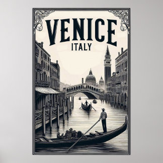 Vintage Veneice Itália Poster de viagens Gondola