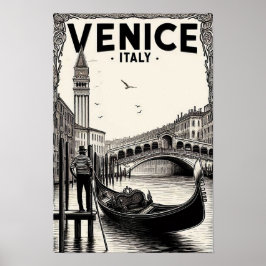 Vintage Veneice Itália Poster de viagens Gondola