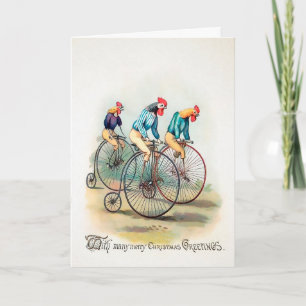 Vintage Victorian Biking Roosters Cartão de Natal