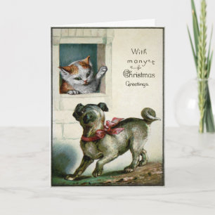 Vintage Victorian Cat e Cartão de Natal para Cães