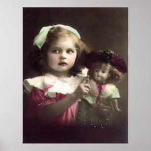 Vintage Victorian Girl with Doll Art Impressão