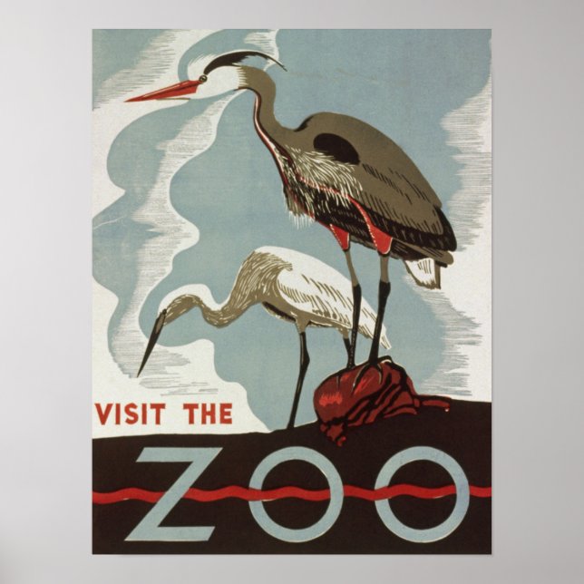 Vintage visita o poster zoológico com guindaste (Frente)