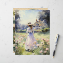 Vintage Watercolor Country Garden Scrapbook Paper