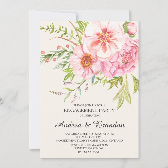 Vintage Watercolor Peonies Noivado Convite (Frente)