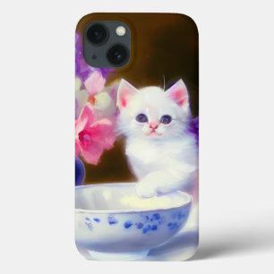 Vintage White Kitten com Fita Roxa