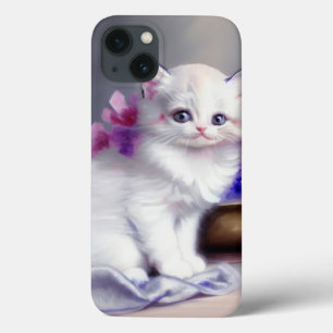 Vintage White Kitten com Flores Rosa e Púrpura