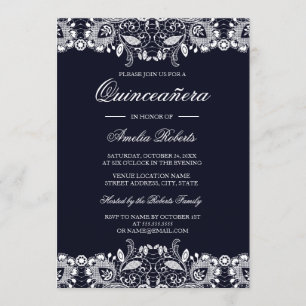 Vintage White Lace Marinho Quinceanera Convite