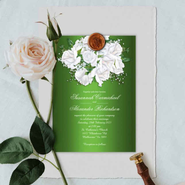Vintage White Roses, Convite de casamento Verde Es (Criador carregado)