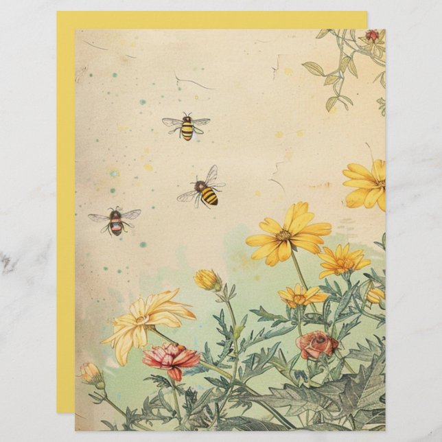 Vintage Wildflower and Beers Scrapbook Paper (Frente/Verso)