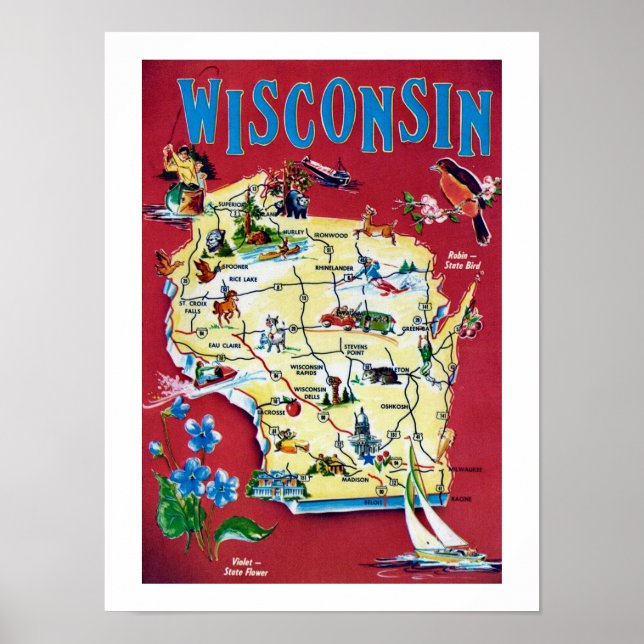 Vintage Wisconsin Map Impressão (Frente)