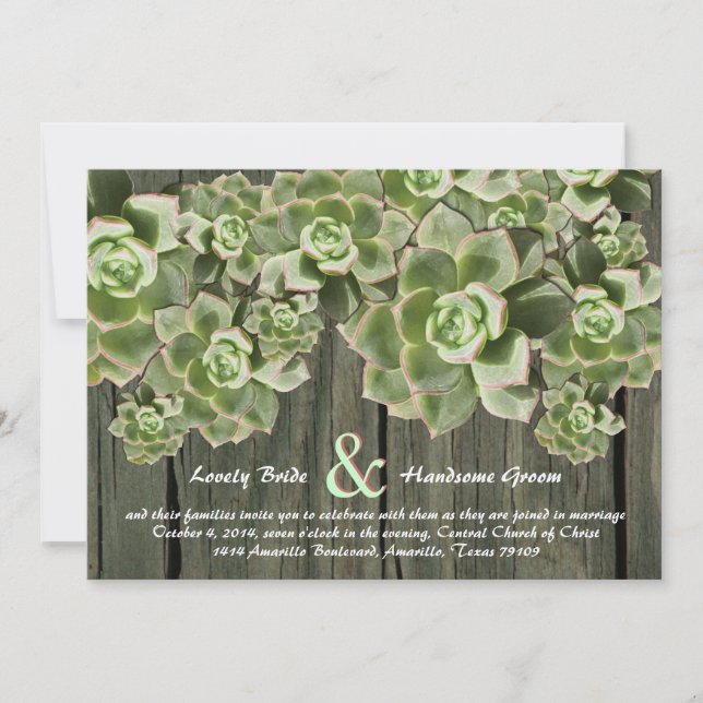 Vintage Wood Soft Succulents Convites de Casamento (Frente)
