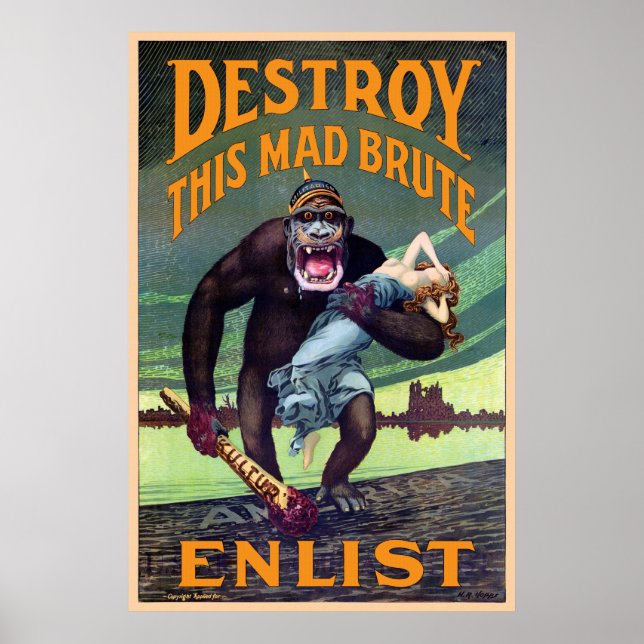 Vintage WWI Poster - Destrua Este Mad Brute (Frente)