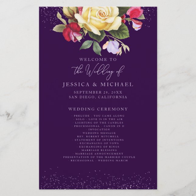 Vintage Yellow Rose Floral Purple Wedment Program (Frente)