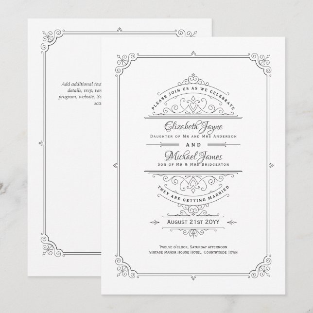 Vintagem de Convites de Casamento de Regência Cons (Frente/Verso)