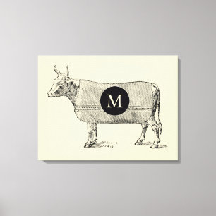 VINTAGEM ILUSTRAÇÃO Vaca Canvas monograma
