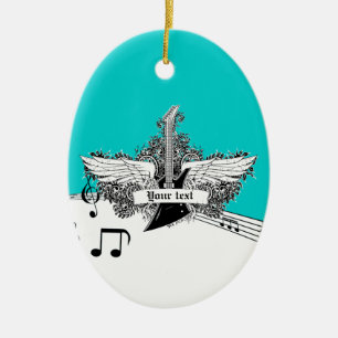 Violão branco-preto elétrico com ornamento de asas