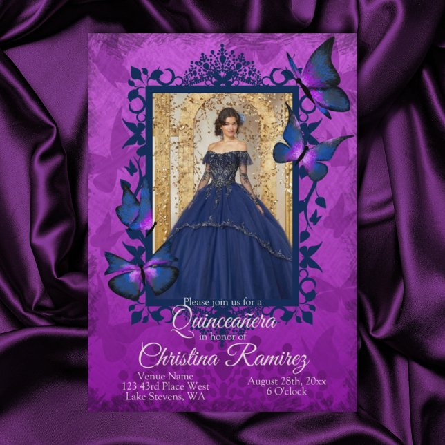 Violet, Borboleta Azul Quinceanera Convite (Violet and blue quinceanera, blue dress mis quince invitation 15th purple butterfly blue butterflies)