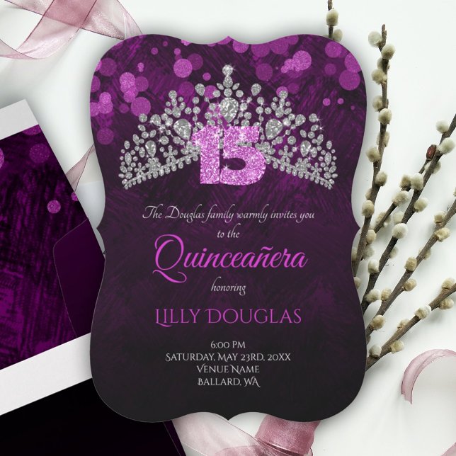 Violeta, Quinceanera Roxa com Convite Tiara (Dark purple, plum purple quinceanera, silver diamond tiara, glitter pink number 15, 15th birthday)