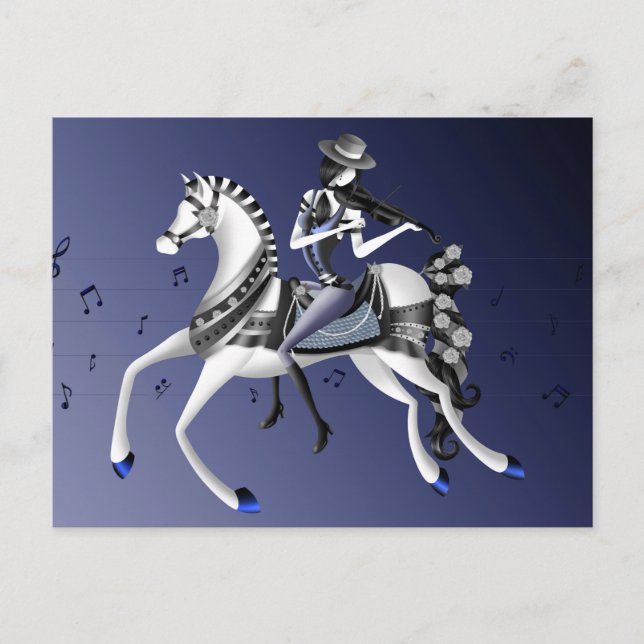 Violinista de Cavalgada Cartão Postal Azul (Frente)