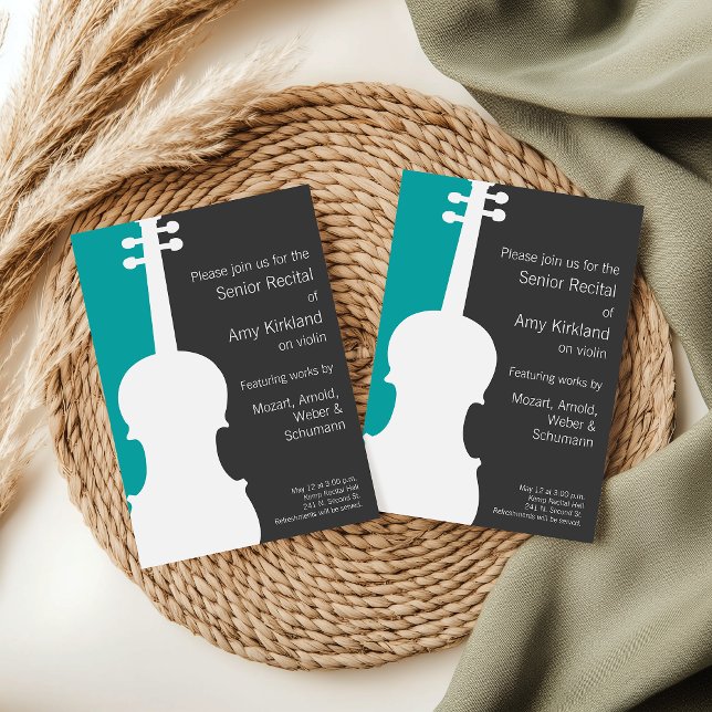 Violino Moderno / Convite Considerando Viola - Azu (Modern violin customizable senior music recital invitation.)