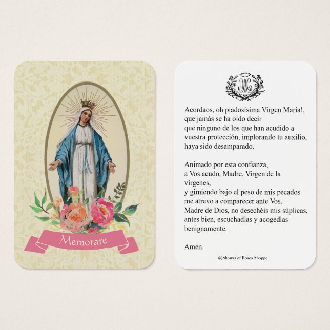 Virgem Espanhola Mary Prayer Memória Santa (Frente & Verso)
