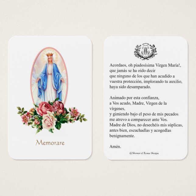 Virgem Espanhola Mary Prayer Memória Santa (Frente & Verso)