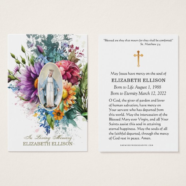 Virgem Floral Mary Floral Funeral Prayer Card (Frente & Verso)