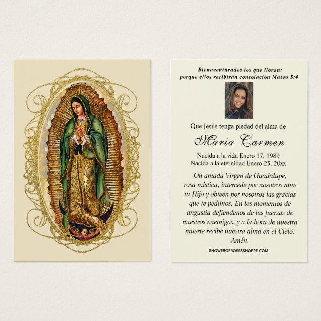 Virgem México Guadalupe Oração Funeral Espanhola (Frente & Verso)