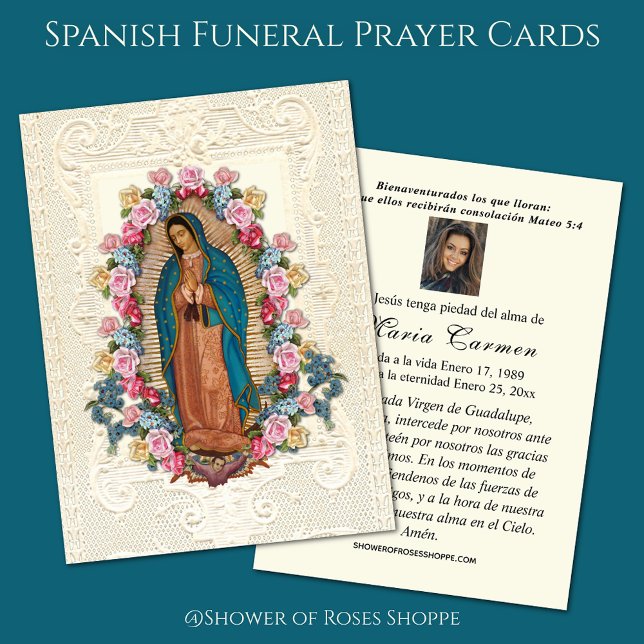 Virgem México Guadalupe Oração Funeral Espanhola (Traditional Spanish Catholic Our Lady of Guadalupe Funeral Memorial Prayer Cards )