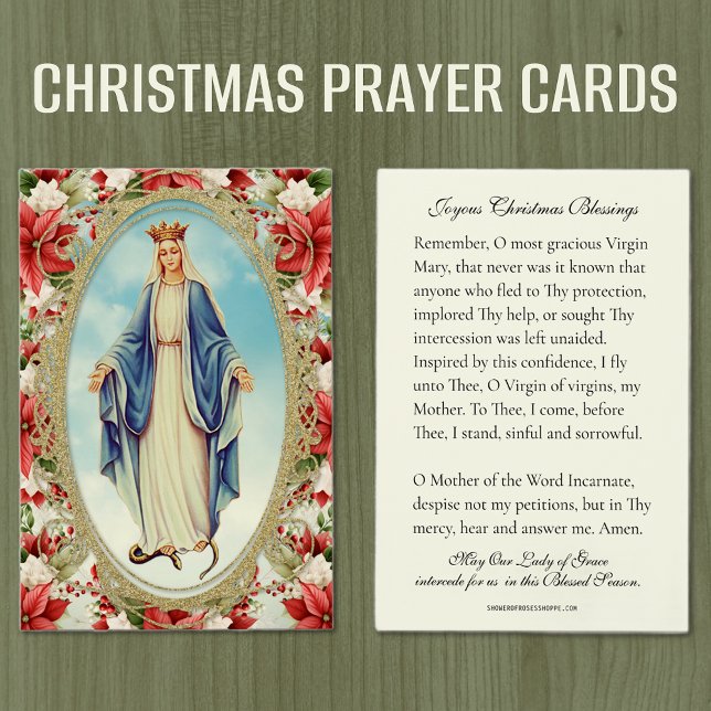 Virgem Natal Mary Memare Prayer Poinsettia (Christmas Memorare Prayer Cards - Our Lady of Grace )