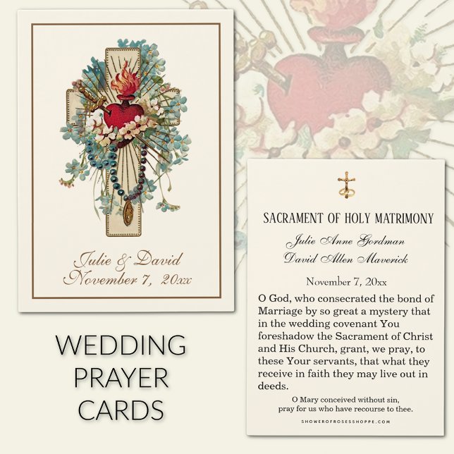 Virgin Mary Blue Floral Wedding Favor Card (Traditional Catholic Immaculate Heart of Mary Wedding Prayer Cards)