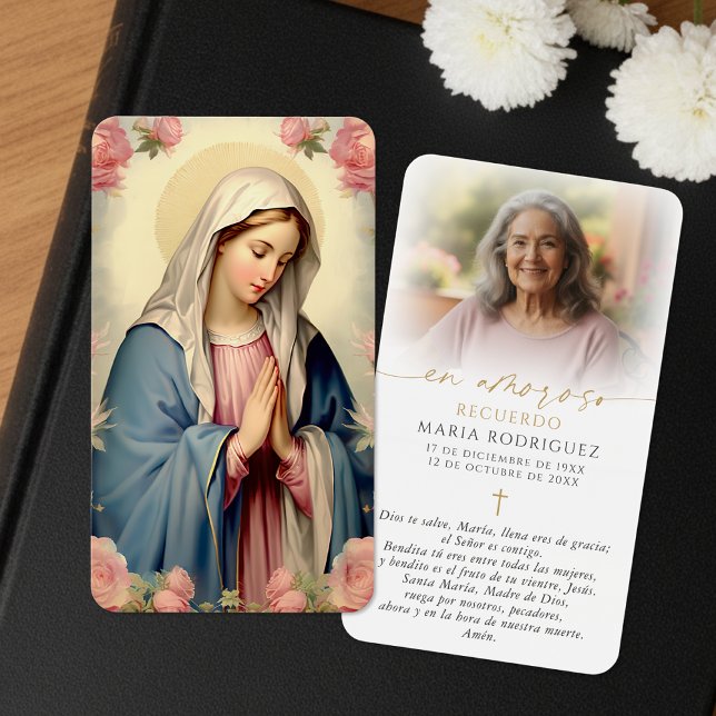 Virgin Mary Spanish Hail Mary Photo Memorial Cards (Criador carregado)
