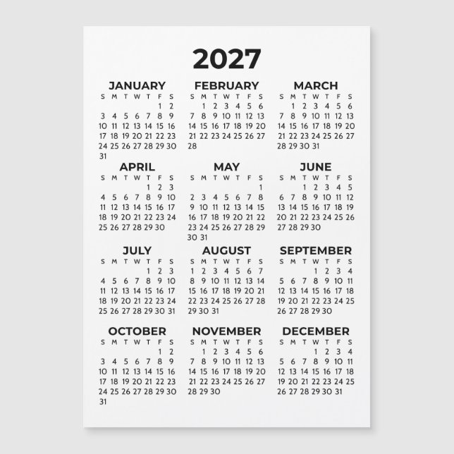 Visão do Ano Completo 2027 Calendário Magnético Pr (Frente)