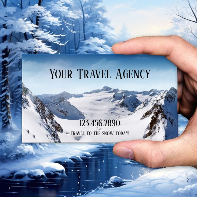 Visita Agência de Viagem de Esporte de inverno Cartão de  (Business card featuring a landscape of snow covered mountains - travel - ski -  winter sports)