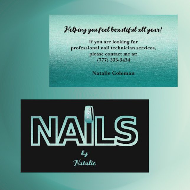 Visita Aqua Glitter & Black Nail Technician Cartão de vis (Criador carregado)