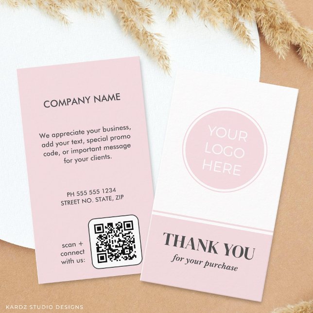 Visita Cartão de Agradecimento com Logotipo Rosa de Negóc (Front and back of the card shown in standard size. Choose size, paper and corner style.)