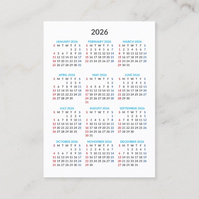 Visita Cartão de Calendário 2026: Início no Domingo (Verso)