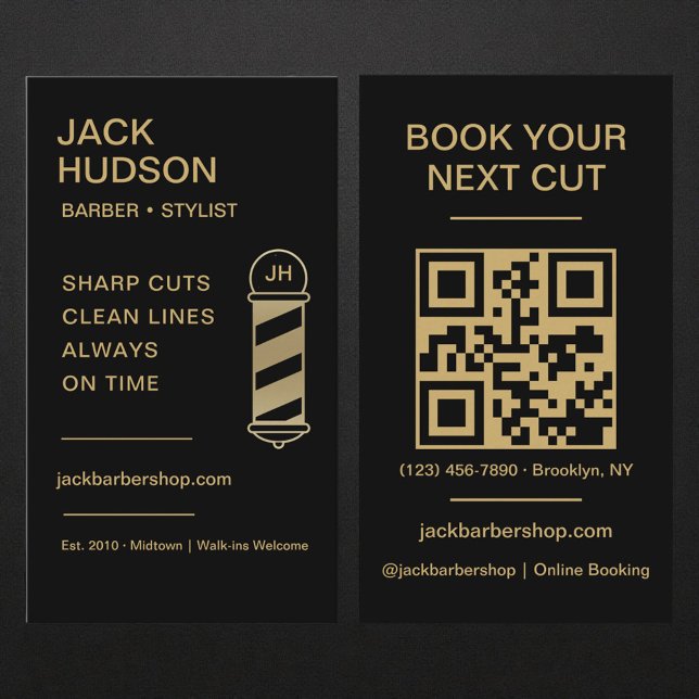 Visita Cartão de Código QR de Barbearia Preto Dourado Cor (Criador carregado)