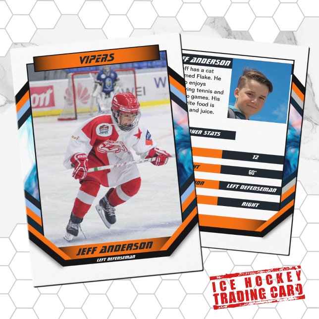 Visita Cartão de Comércio de Hóquei no Gelo em Laranja Le (Ice Hockey Trading Card: Futuristic design, vibrant colors. Perfect for young fans! )