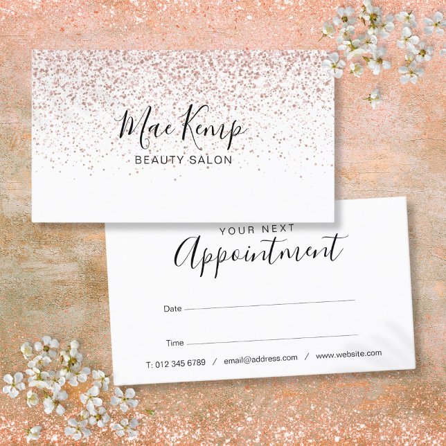 Visita Cartão de Compromisso com Glitter Rosa Elegante Le (Elegant Script Rose Gold Glitter Appointment Card)