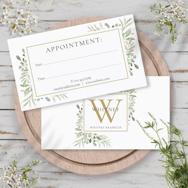 Visita Cartão de Compromisso com Monograma Dourado e Folh (Gold Monogram Greenery Appointment Card)