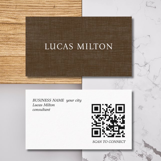Visita Cartão de Contato QR Code com Textura Marrom Elega (Criador carregado)