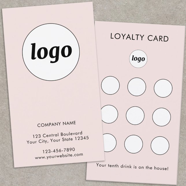 Visita Cartão de Fidelidade de Cliente com Texto de Logot (Simple logo with custom text business branding promotional loyalty card in blush pink)